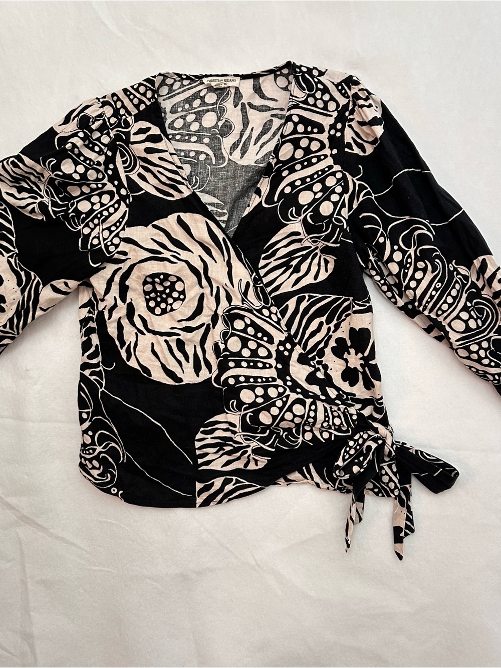 Christian Siriano New York Linen-Blend Tropical Wrap Blouse